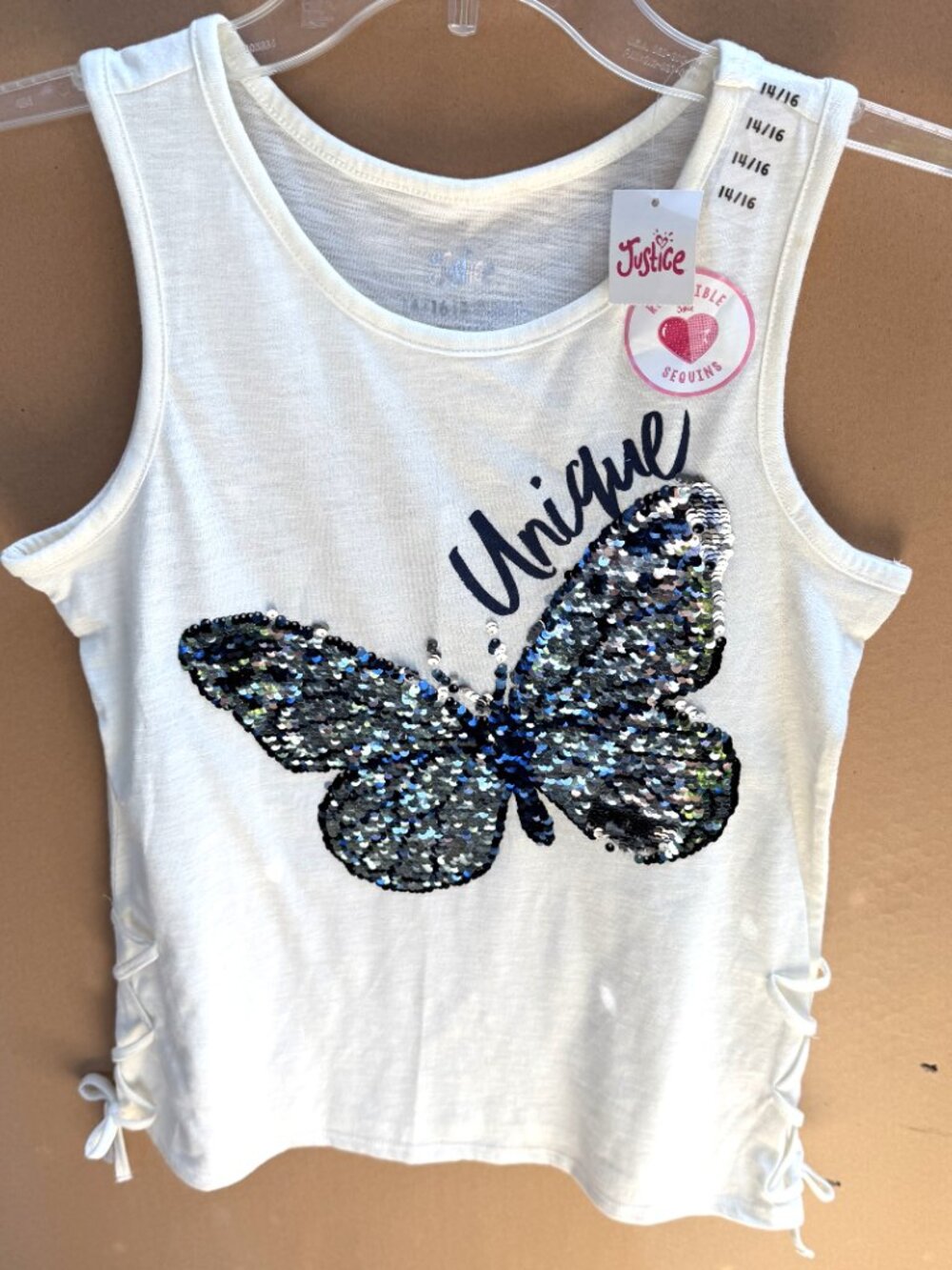 NWT Girls Cream Justice Reversible Butterfly Sequin "UNIQUE" Tank Top Size 14/16